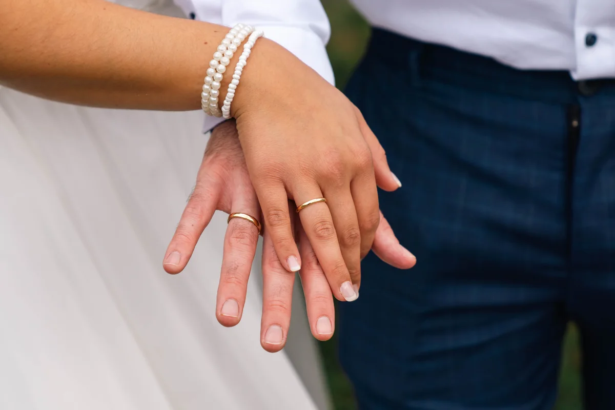 Close view of a wedding couple's hands and rings